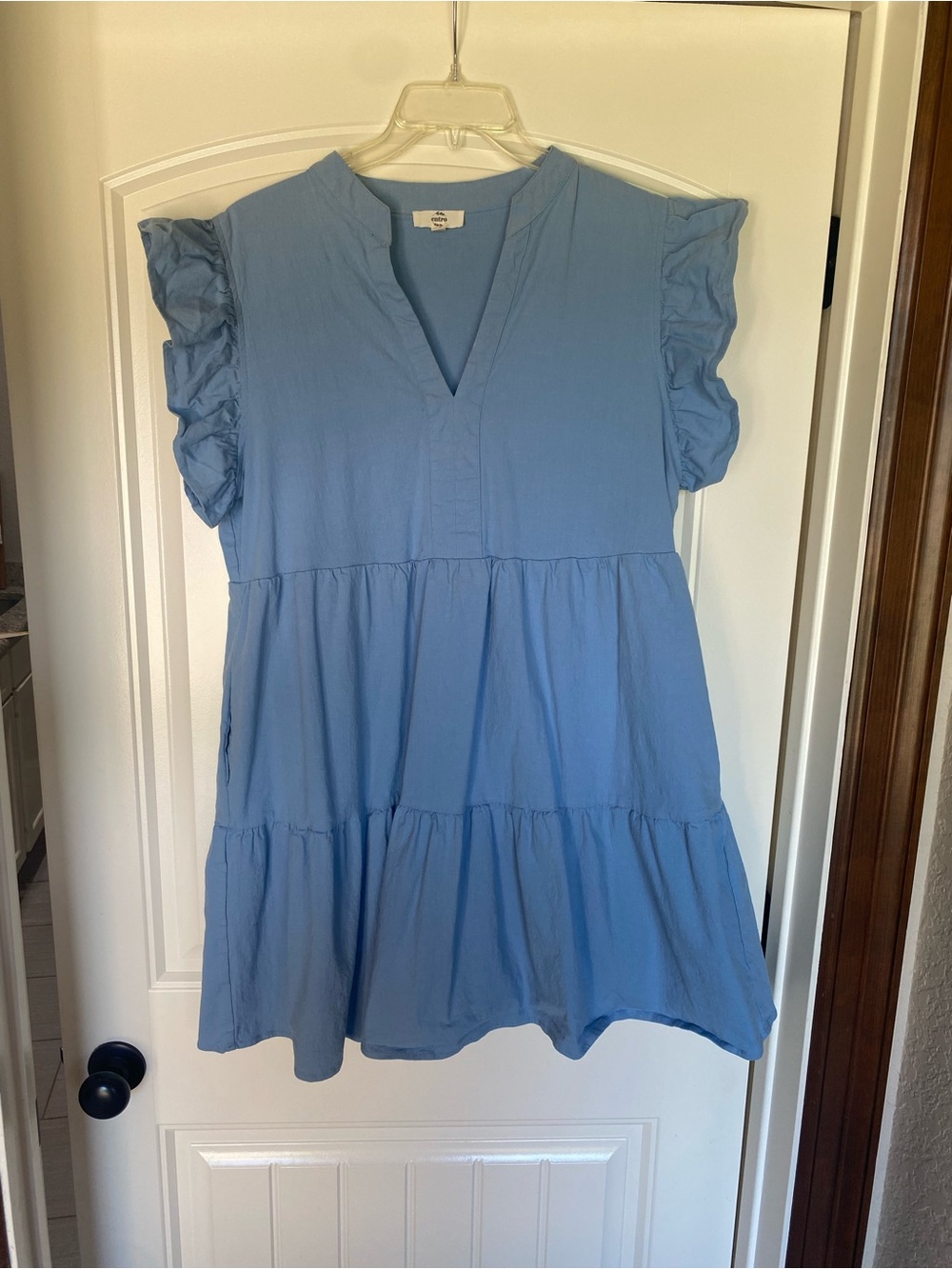 entro Sky Blue Ruffle Sleeve Tiered V-Neck Tunic Dress